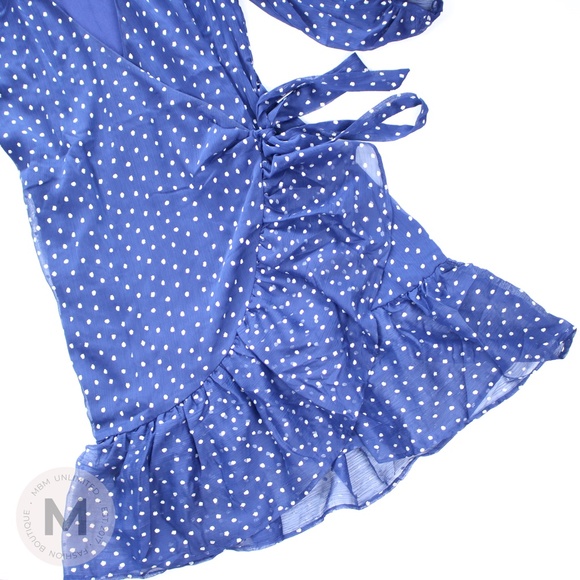 Navy Blue Dotted Ruffle Hem Wrap Dress - Picture 5 of 8